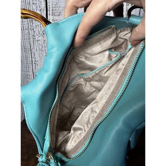 JOY SUSAN Stacey Bamboo Hand Tote Bag Vegan Leather Turquoise New Crossbody - Picture 3 of 13